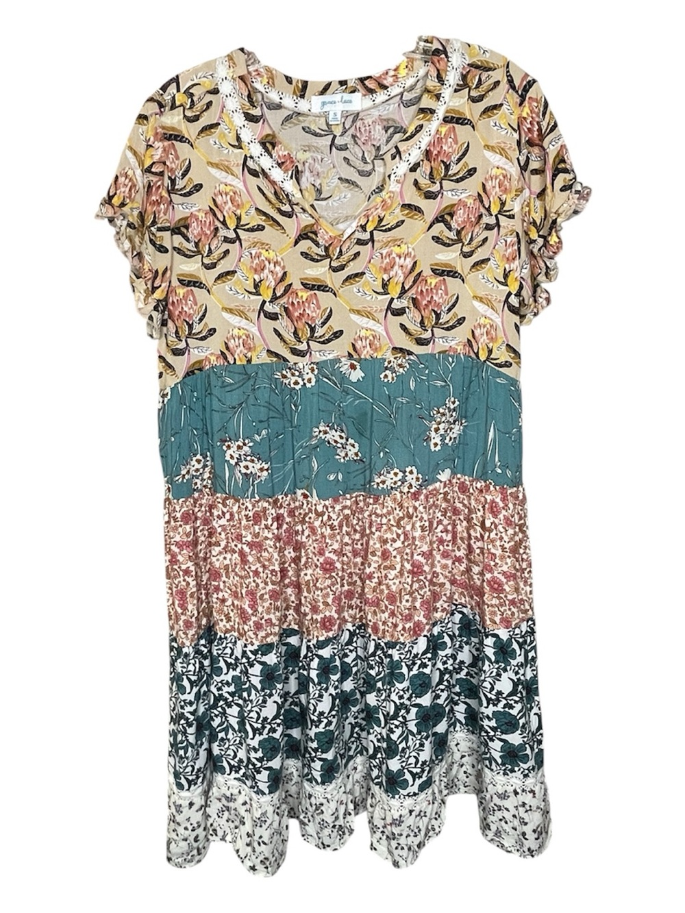 Grace & Lace Floral Patchwork V-Neck Dress Sz S - Picture 2 of 5
